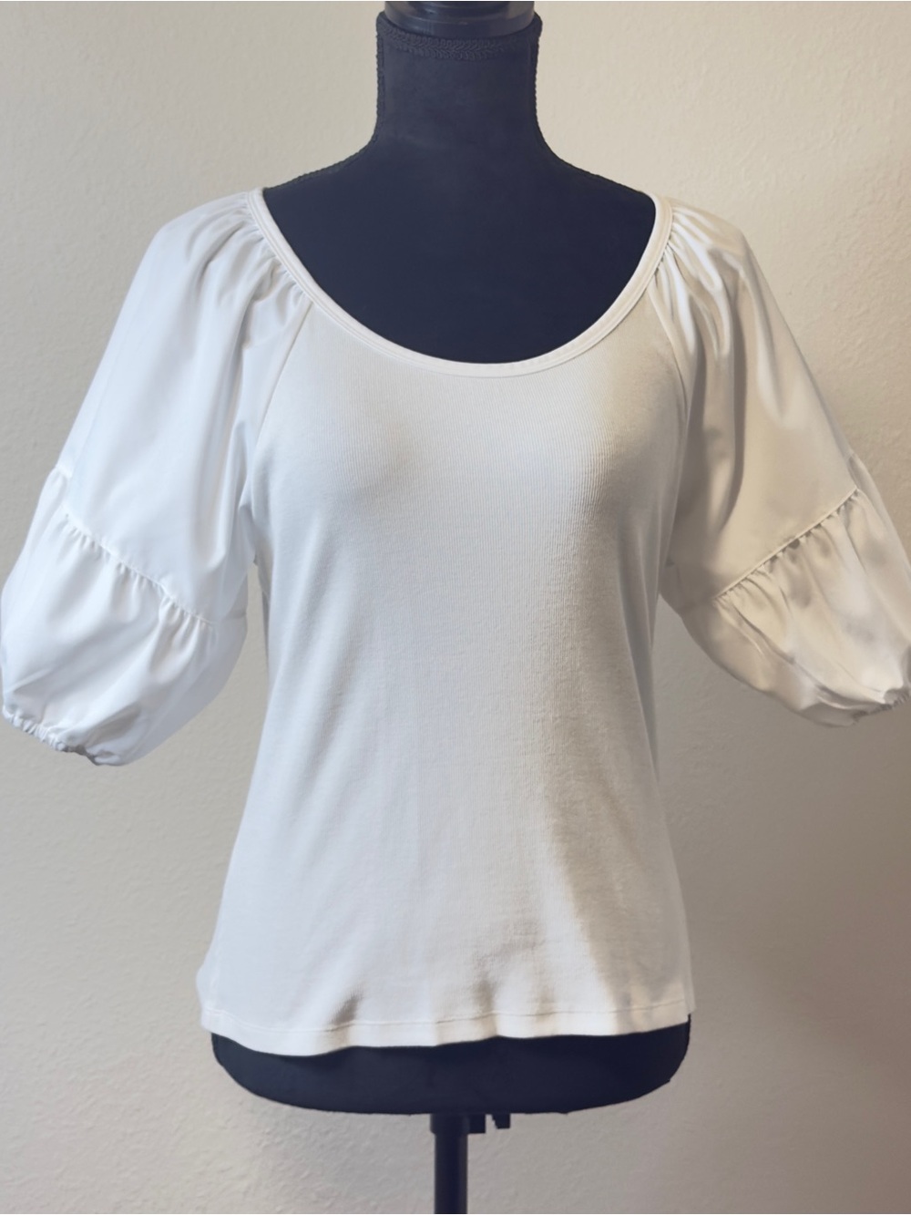 Elegant Scoop Neckline Blouse with Statement Puff Sleeves & Elasticized Cuffs